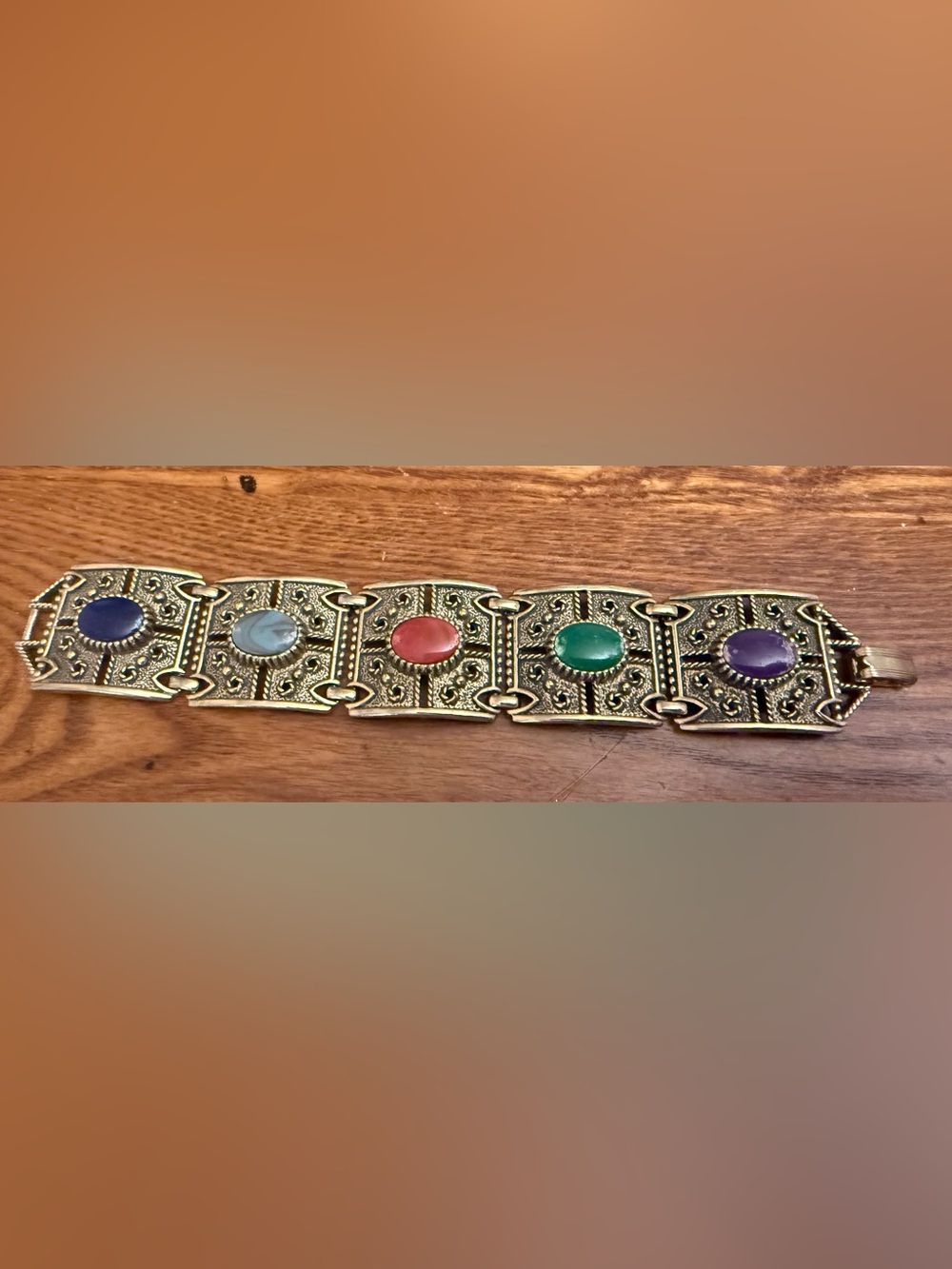 Vintage Gold Bracelet with Pink and Green Cabochons